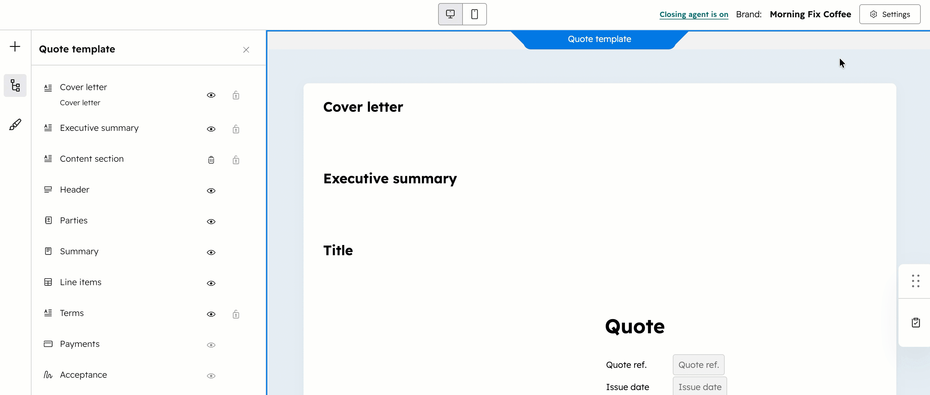 Quote template editor showing brand selection options for applying branding to quote templates