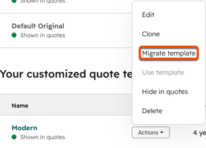 Acción de migración para plantillas de cotización heredadas en HubSpot