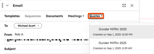 An email pop-up window in the CRM with the Quotes dropdown menu highlighted.