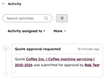 A quote preview showing the Activity section with approval progress steps.