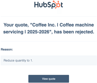 Dialog box for requesting changes to a quote, with a field for comments and a 'Reject' button to send it back to the creator.