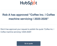 An email notification confirming a quote has been approved and is ready to share.