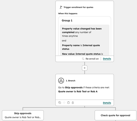 Workflow für die Angebotsgenehmigung mit erster Verzweigung mit konfigurierter Bypass-Bedingung
