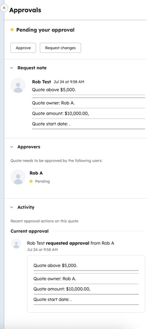 A screenshot of the Approvals sidebar in HubSpot, showing notes from the creator and the approval activity history.