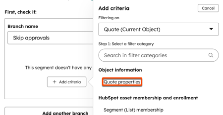 Workflow criteria editor displaying Quote properties list used for approval conditions.