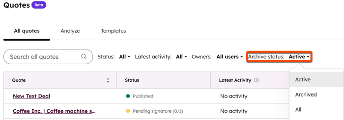 A screenshot of the HubSpot quotes index page, with the Archive status filter highlighted at the top of the table to show archived quotes.