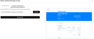 A dialog box for a published quote with options to copy the link or download the PDF.