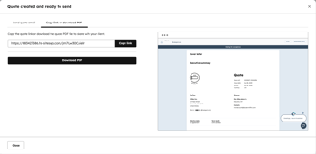 The Share dialog box highlighting the options to copy a link or download a PDF of the quote.
