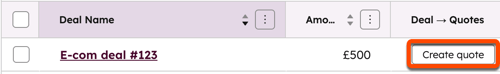 A screenshot showing a deal listed in the deal table of the deals index page, with a Create quote button in the Deal to Quotes column