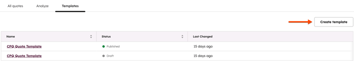 A screenshot showing the 'Create template' button in the upper right of the quotes templates tab.