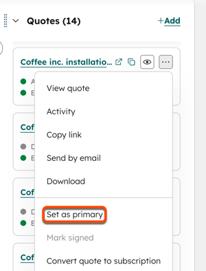 Quote settings showing deal marked as primary within the associated records panel