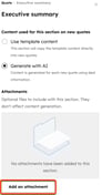 The Executive summary module in the sidebar with the Add an attachment button highlighted.