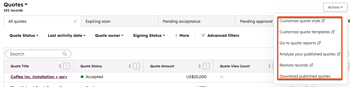HubSpot quotes index page Actions menu with options including Download published quotes.