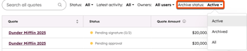 The quotes index page with the Archive status dropdown filter highlighted.