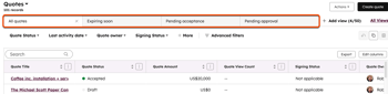 HubSpot quotes index page showing quote views tabs and Add view button.