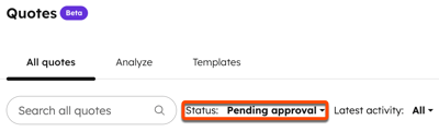 The Quotes index page with the 'Status' filter set to 'Pending approval'.
