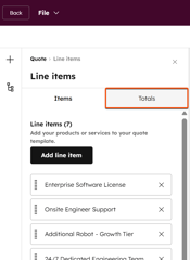 The Totals tab in the line items module sidebar for customizing the price breakdown.