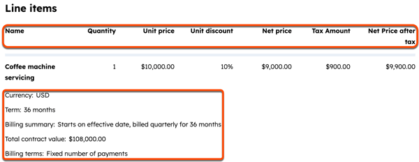 Table of line items with columns for name, quantity, unit price, discounts, taxes, and net price after tax, followed by contract and billing details.