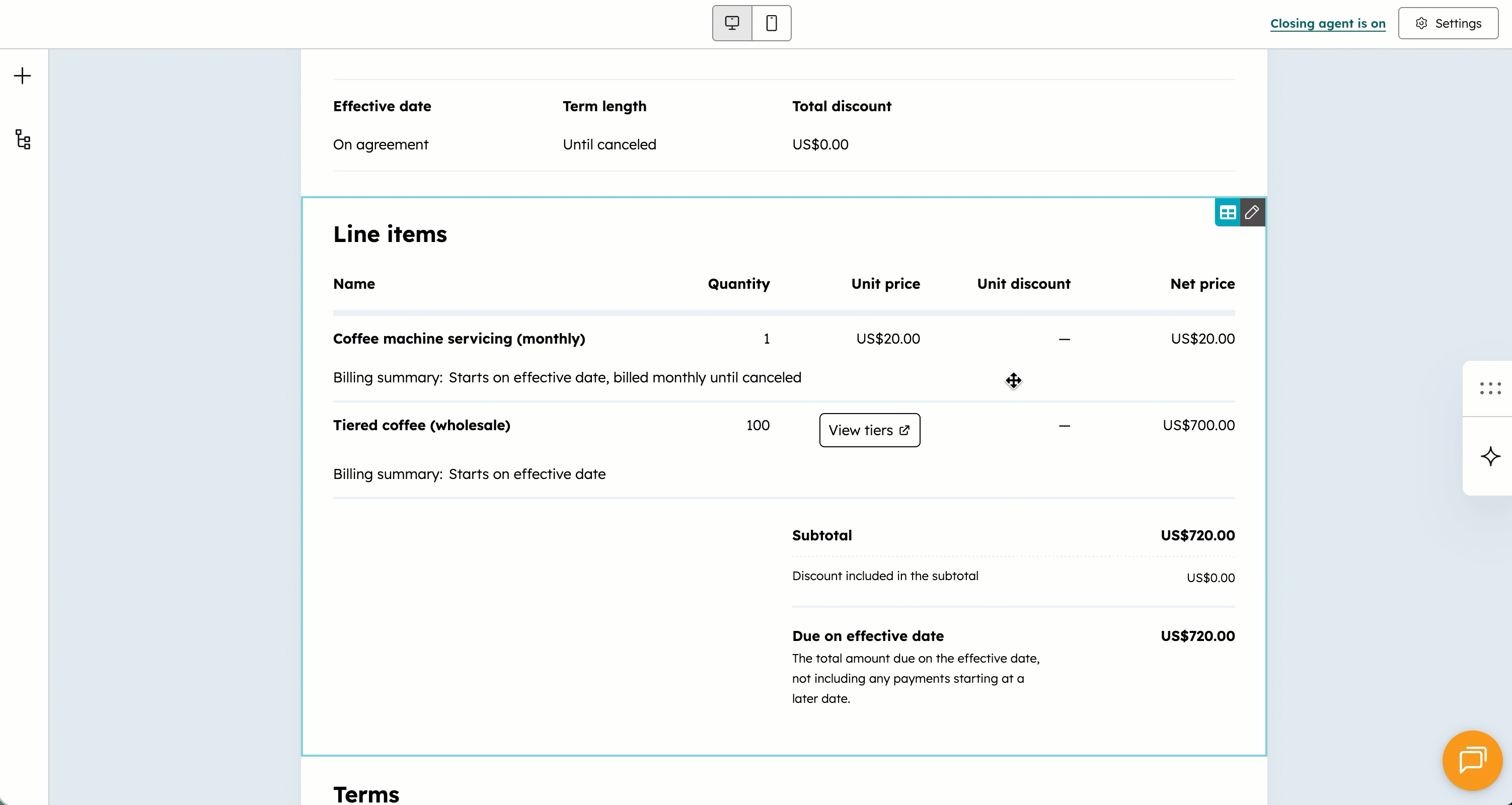 Quote editor showing line items table with unit price column and show or hide tiers option in HubSpot