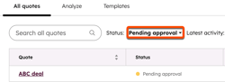 HubSpot quotes list showing quotes pending approval with approval status indicators