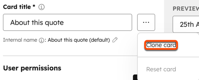 Clone option for a quote preview card showing duplicated card settings in HubSpot
