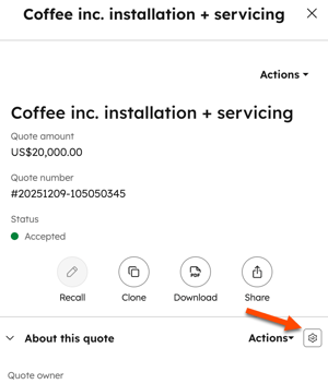 Settings icon for configuring quote preview card options in HubSpot