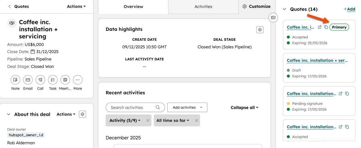 HubSpot Angebot am Deal — Primäres Angebot direkt angeheftet