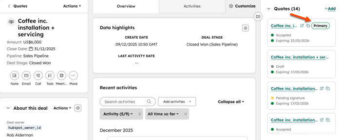 Primäres Angebot in einem Dealdatensatz in HubSpot ausgewählt