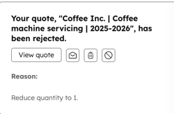 HubSpot notification showing a quote has been rejected and changes were requested.