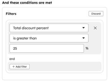 Quote approval settings showing configured filter with selected property criteria
