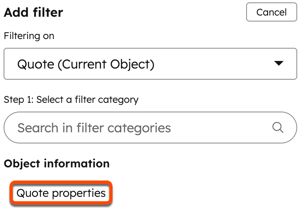Dropdown showing object selection and Object information with [Object] properties option in quote approvals filter settings