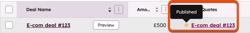 Deals index page showing Deal to Quote column with a yellow Published quote status tooltip.