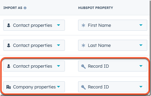 Screenshot of HubSpot import property mapping page. the HubSpot property with "Record ID" is highlighted with an orange box.