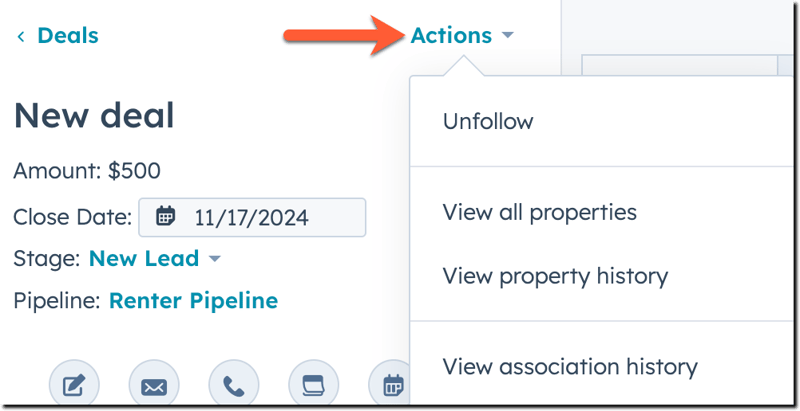 Captura de tela de um registro no HubSpot com o menu suspenso 'Ações' aberto, destacando as opções 'Seguir' e 'Não Seguir'.