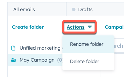 Screenshot showing a marketing email folder selected in the left sidebar. An orange arrow points to the 'Actions' dropdown menu in the upper left, which is open and displays 'Rename folder' and 'Delete folder' options.