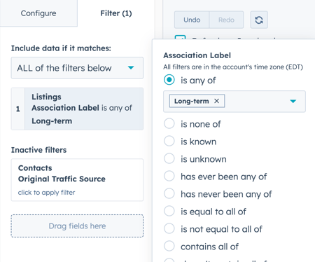 Dropdown for 'Association Label' filter is open, with 'Long-term' selected under 'is any of'. A 'Listings' filter in the background shows 'Association Label is any of Long-term