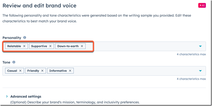 The 'Review your brand voice' screen in HubSpot, showing editable personality and tone characteristics like 'Enthusiastic' and 'Confident'.