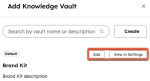 A screenshot of the 'Add knowledge' panel for the RFP agent, showing a list of existing knowledge vaults.