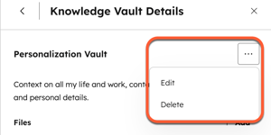 A screenshot showing the 'Edit' and 'Delete' options for a knowledge vault within the RFP agent's 'View details' panel.