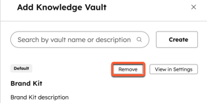 A screenshot showing the 'Remove' button for a knowledge vault in the RFP agent configuration.