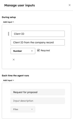 A screenshot of the 'Manage inputs' panel for the RFP agent, showing the options for 'During setup' and 'Each time the agent runs'.