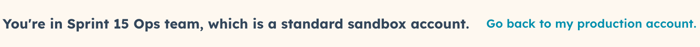 Orange banner at the top of HubSpot interface indicating 'You are in a standard sandbox account'.