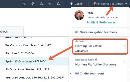 HubSpot account menu dropdown showing a sandbox account selected.