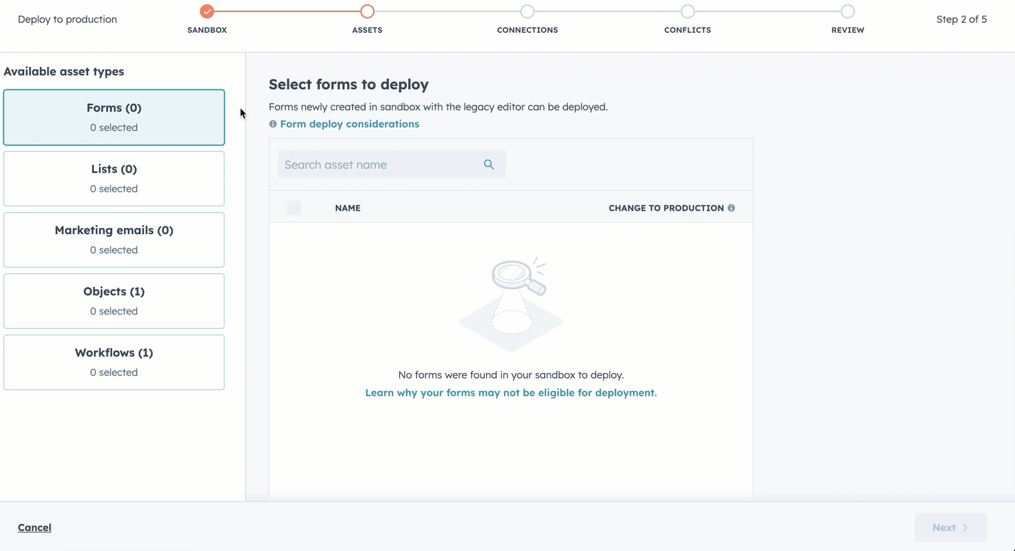 Animated GIF showing asset selection for deployment in HubSpot sandbox interface.