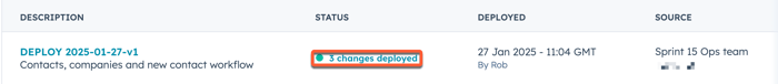 HubSpot Production deploys page showing a deployment with status 'X changes deployed'.