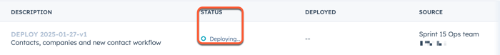 HubSpot Production deploys page showing a deployment in 'Deploying' status.