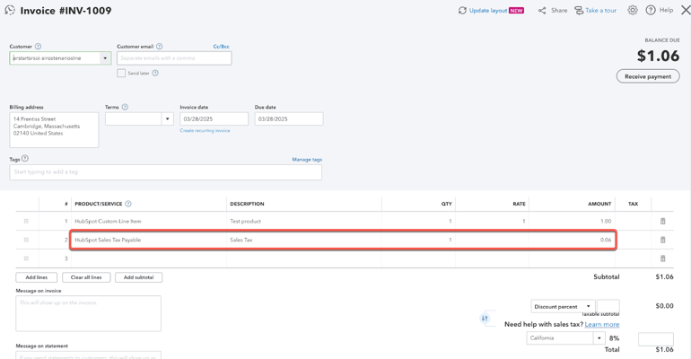 QuickBooks Online invoice showing a line item for HubSpot automated sales tax.