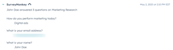 screenshot of SurveyMonkey responses on contact record in HubSpot