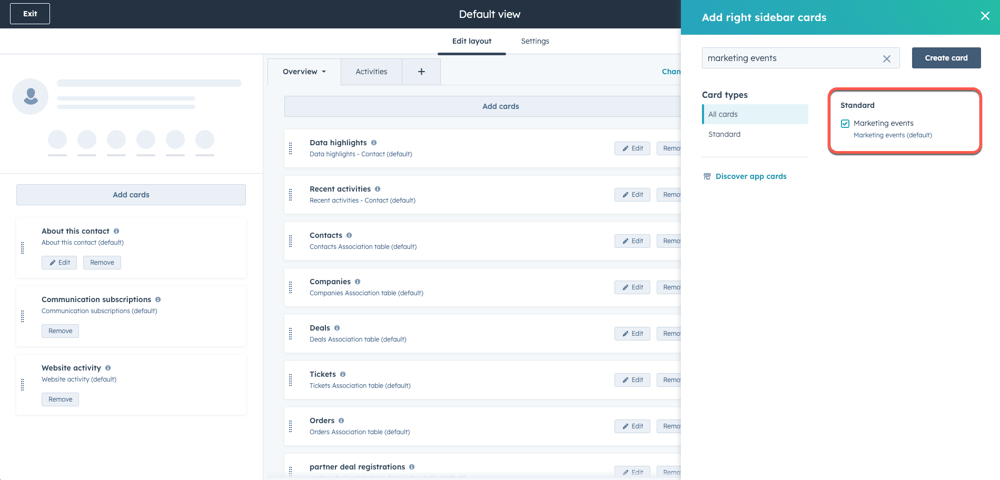 screenshot of adding marketing events card to right sidebar of contact records
