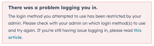 captura de pantalla del error que aparece cuando el usuario intenta utilizar un método de inicio de sesión restringido